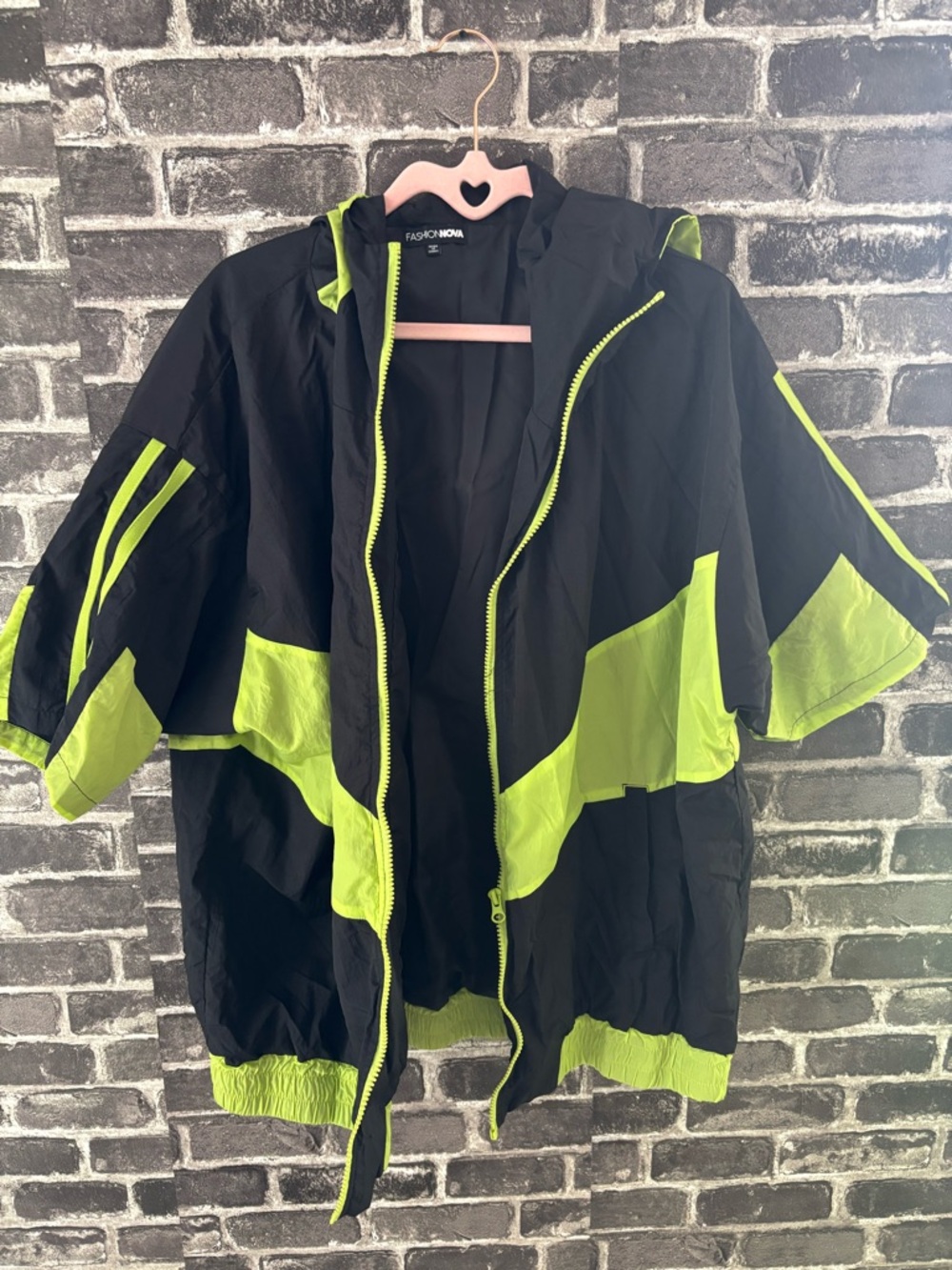 Fashion Nova Black and Neon Lime Colorblock Hooded Zip Jacket and Bottoms